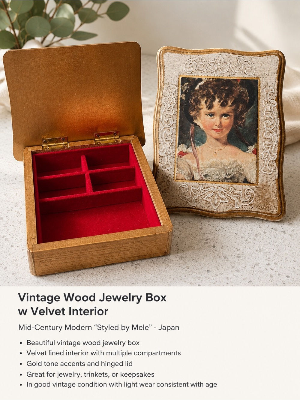 Vintage Gold Tone Women's Jewelry Box with Red Velvet Interior 7x6in
